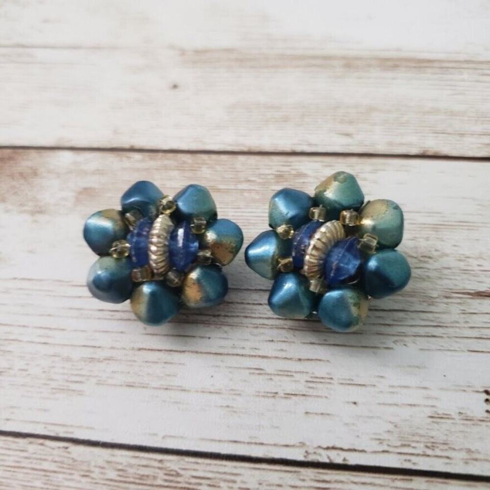 Vintage Clip On Earrings - Blue and Bronze Tone Cluster - 1"